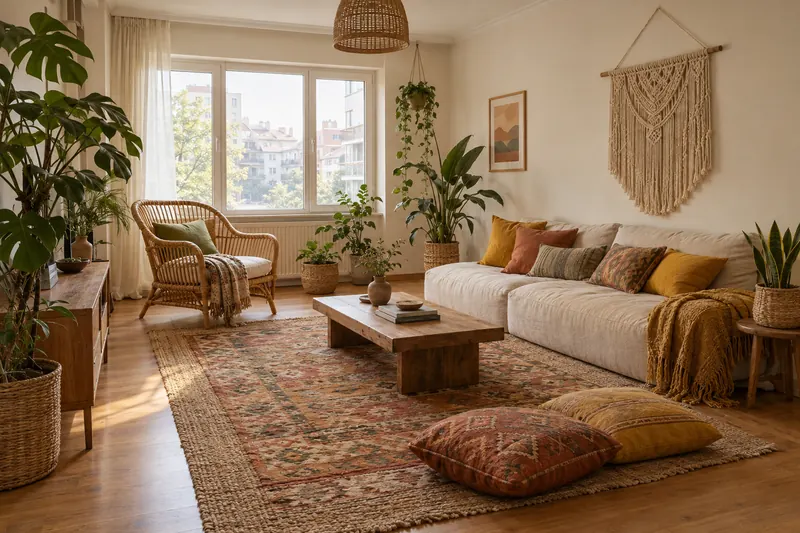 Bohem tarzında bir salon. MoodBrief’te üretilmiş örnek görsel.