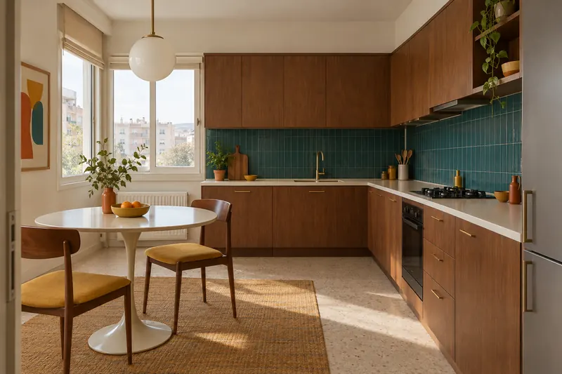 Mid-century tarzında bir mutfak. MoodBrief’te üretilmiş örnek görsel.