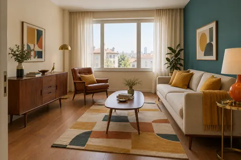 Mid-century tarzında bir salon. MoodBrief’te üretilmiş örnek görsel.