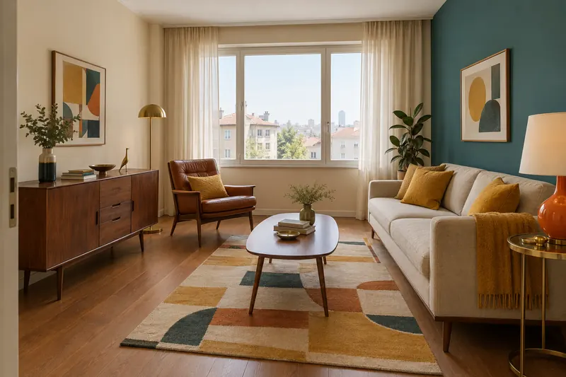 Mid-century tarzında bir salon. MoodBrief’te üretilmiş örnek görsel.