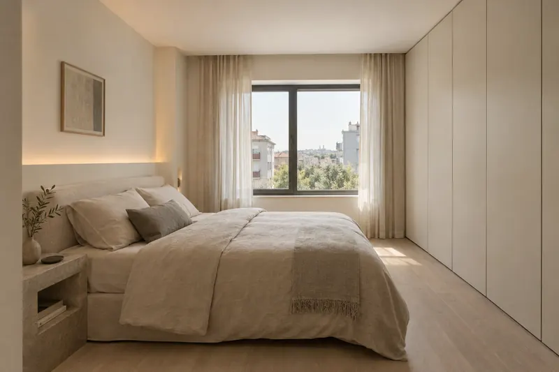 Minimalist tarzında bir yatak odası. MoodBrief’te üretilmiş örnek görsel.