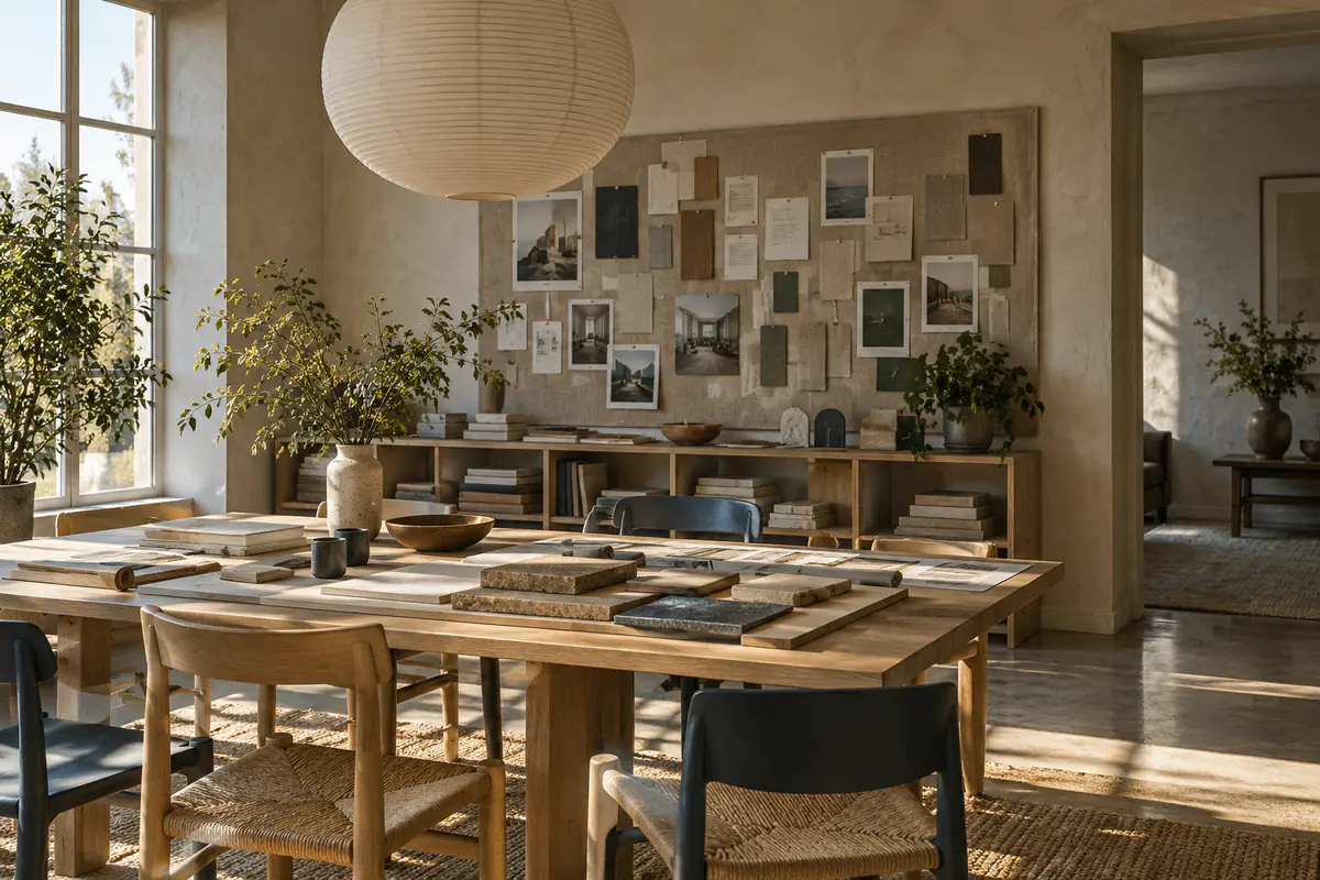 An architecture studio with a moodboard wall, a paper lantern and a long oak table