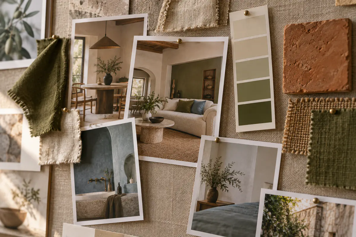 A linen pinboard with loosely pinned interior photos, fabric swatches, a terracotta tile and paint chips from oat to moss green