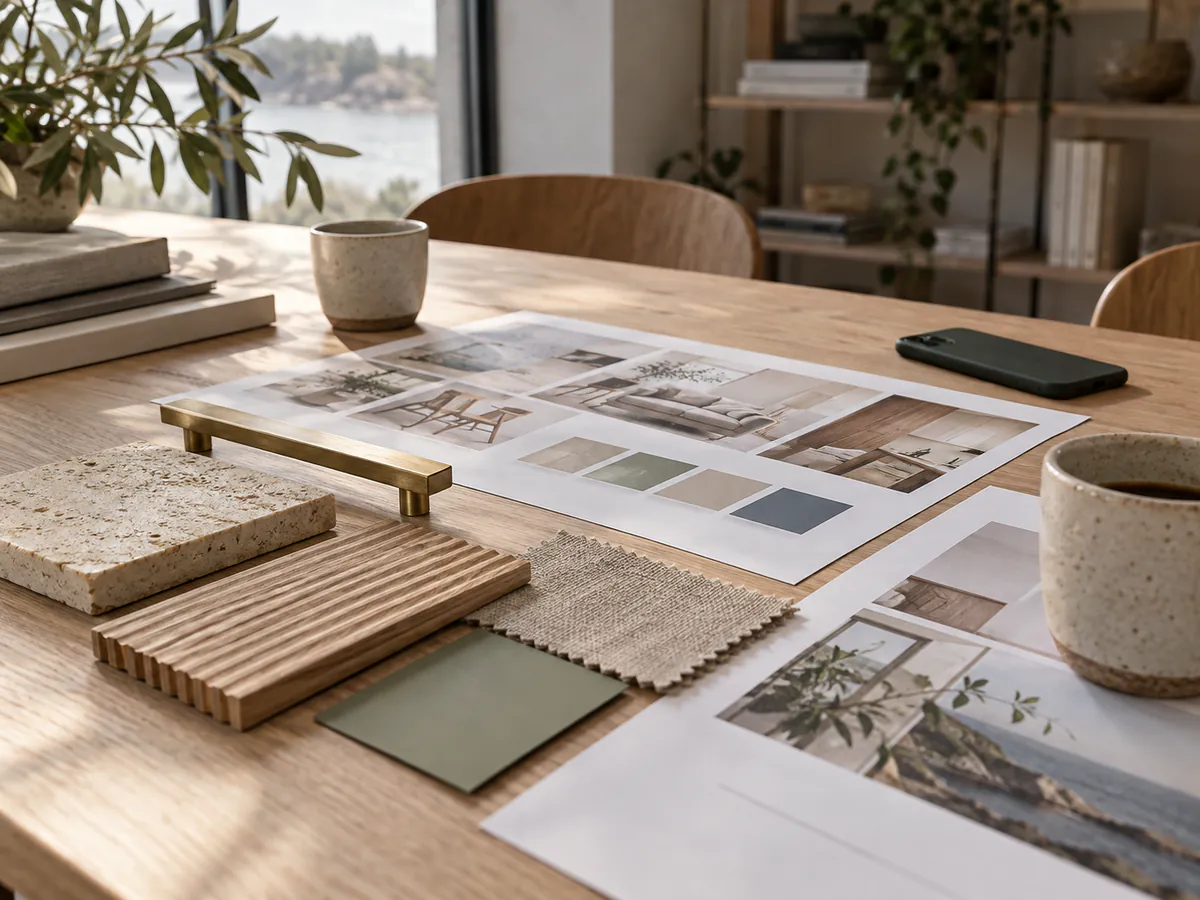 A meeting table with printed moodboards, material swatches, a brass handle and two ceramic cups