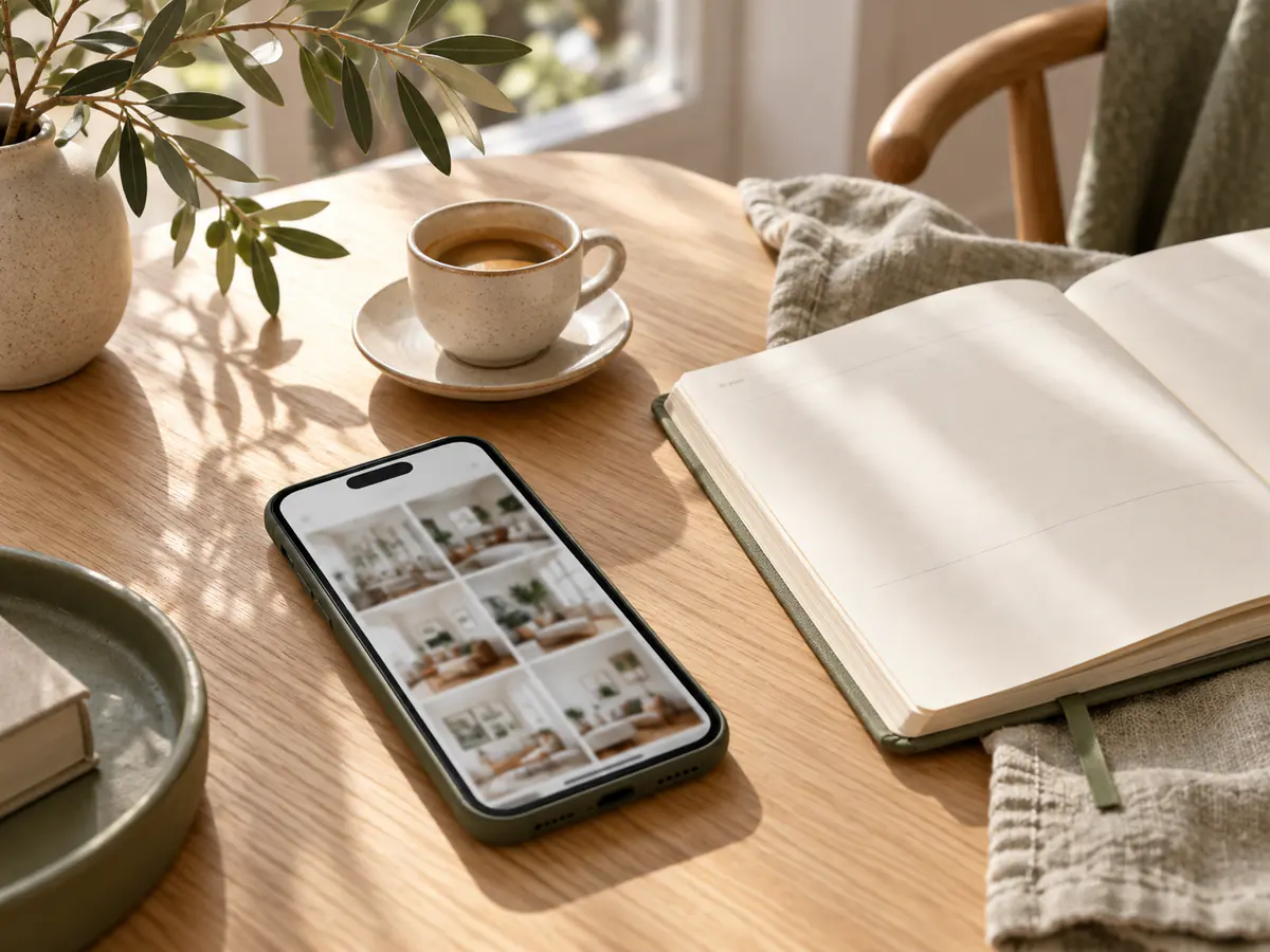 A phone showing a grid of interior photos on an oak table, next to an open notebook and a cup of coffee