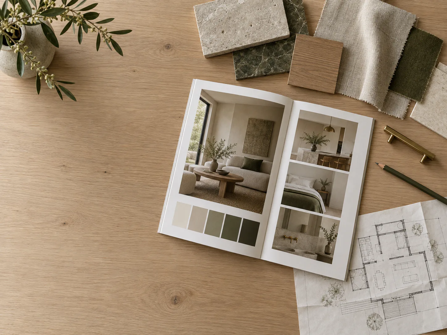 An open style report with interior photos and a five-colour palette, beside oak, linen and stone samples and a floor-plan sketch on an oak table