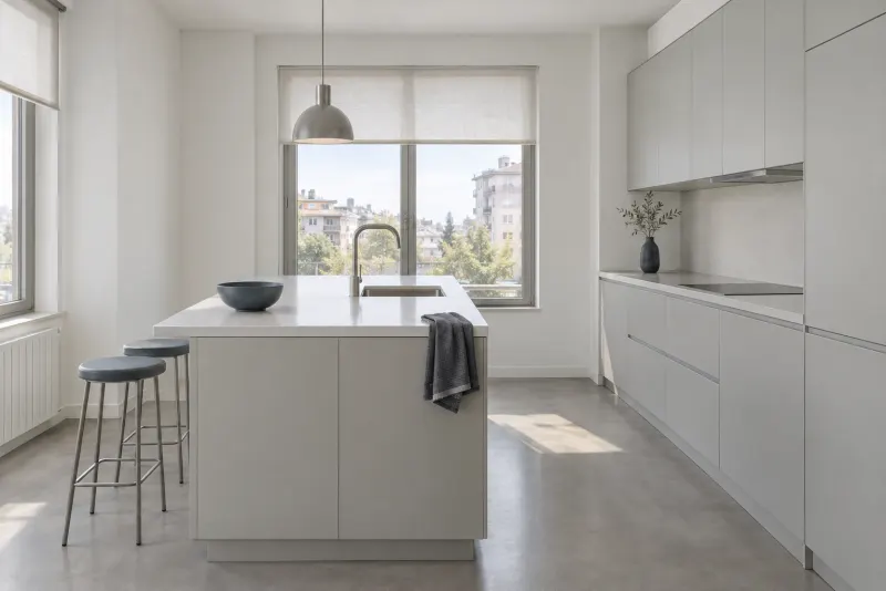 Buz beyazı ve beton: Serin ve net. Bol güneş alan odada dengeli durur.
