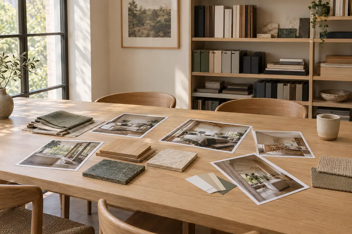 Meşe toplantı masasında basılı ev fotoğrafları, kumaş, ahşap ve taş örnekleri.
