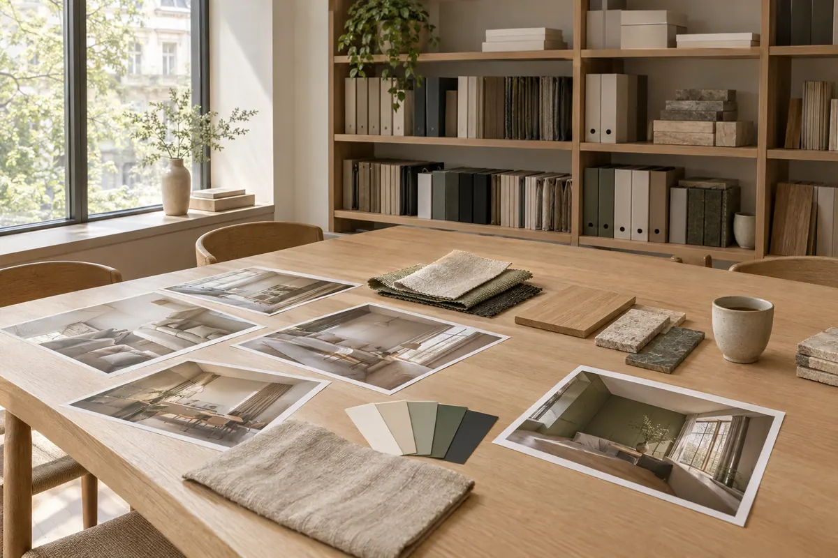 Meşe toplantı masasında basılı ev fotoğrafları, kumaş, ahşap ve taş örnekleri.