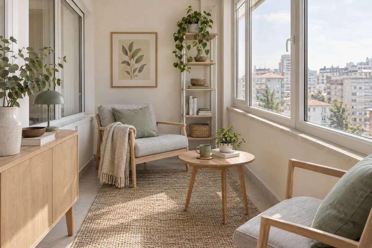 İskandinav tarzında döşenmiş, gün ışığı alan bir balkon. Ceviz ve açık meşe öne çıkıyor.