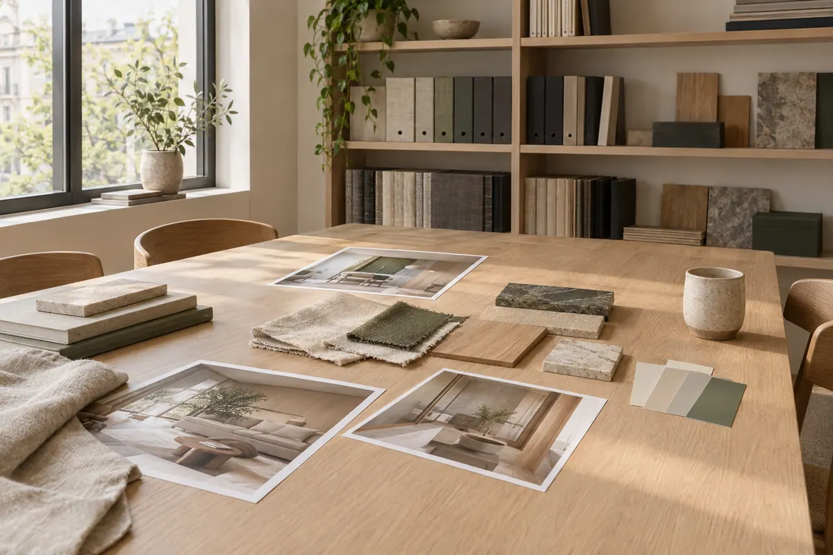 Meşe toplantı masasında basılı ev fotoğrafları, kumaş, ahşap ve taş örnekleri.