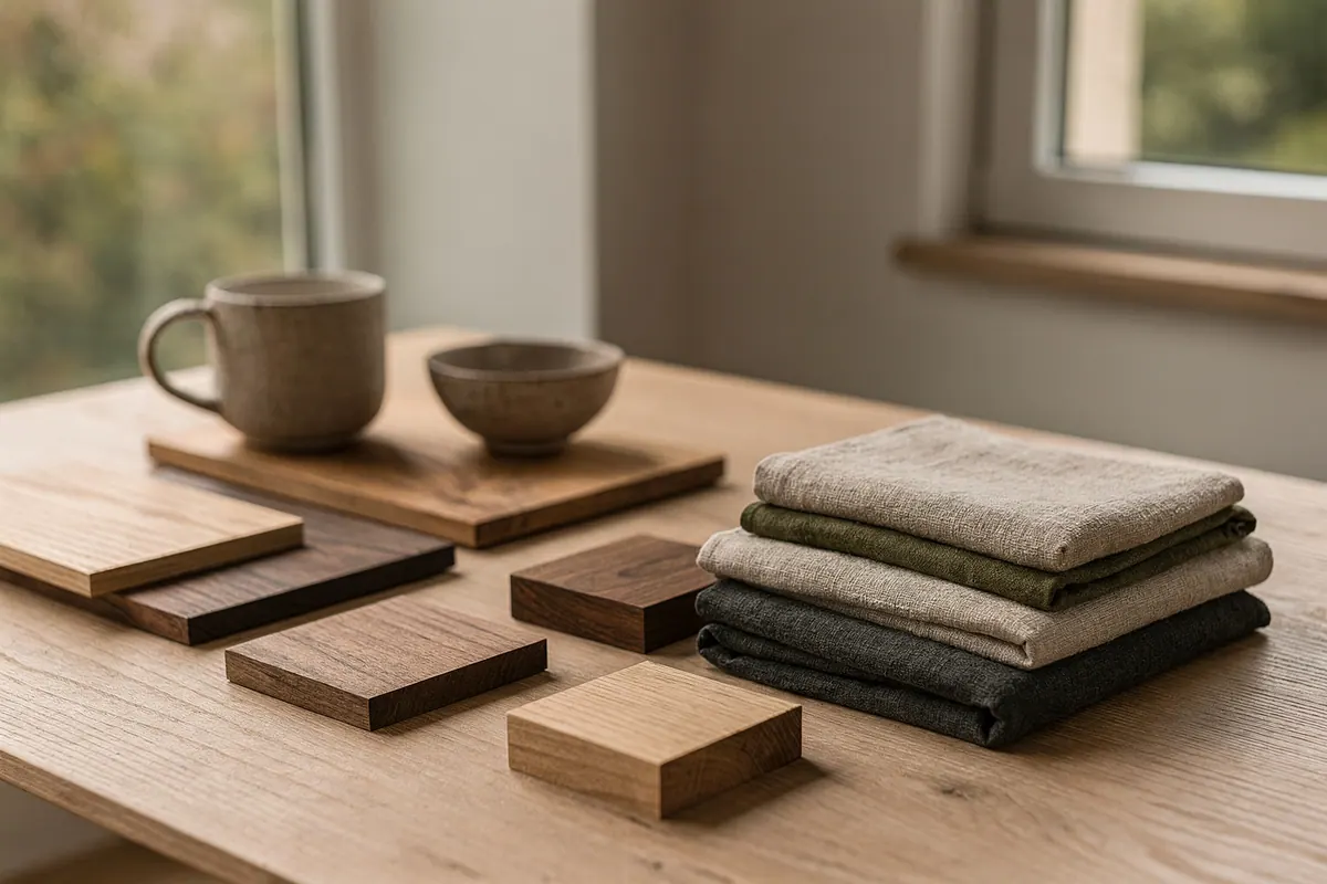 Masada yan yana duran açık meşe ve ceviz örnekleri, Japandi tarzına uygun tonlarda.
