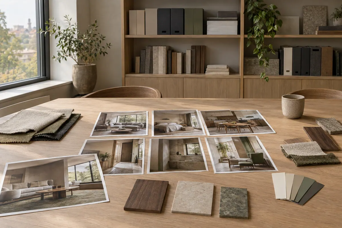 Meşe toplantı masasında basılı ev fotoğrafları, kumaş, ahşap ve taş örnekleri.