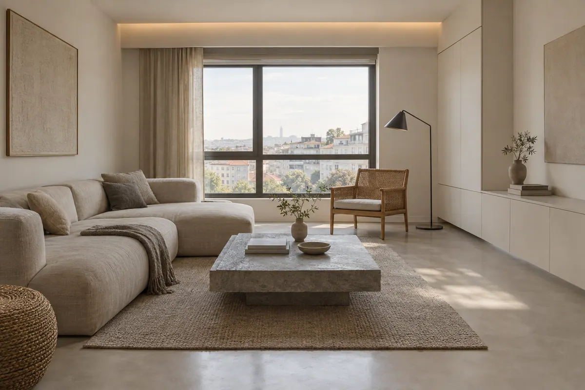 Minimalist tarzında döşenmiş, gün ışığı alan bir salon. Keten, seramik ve rattan öne çıkıyor.