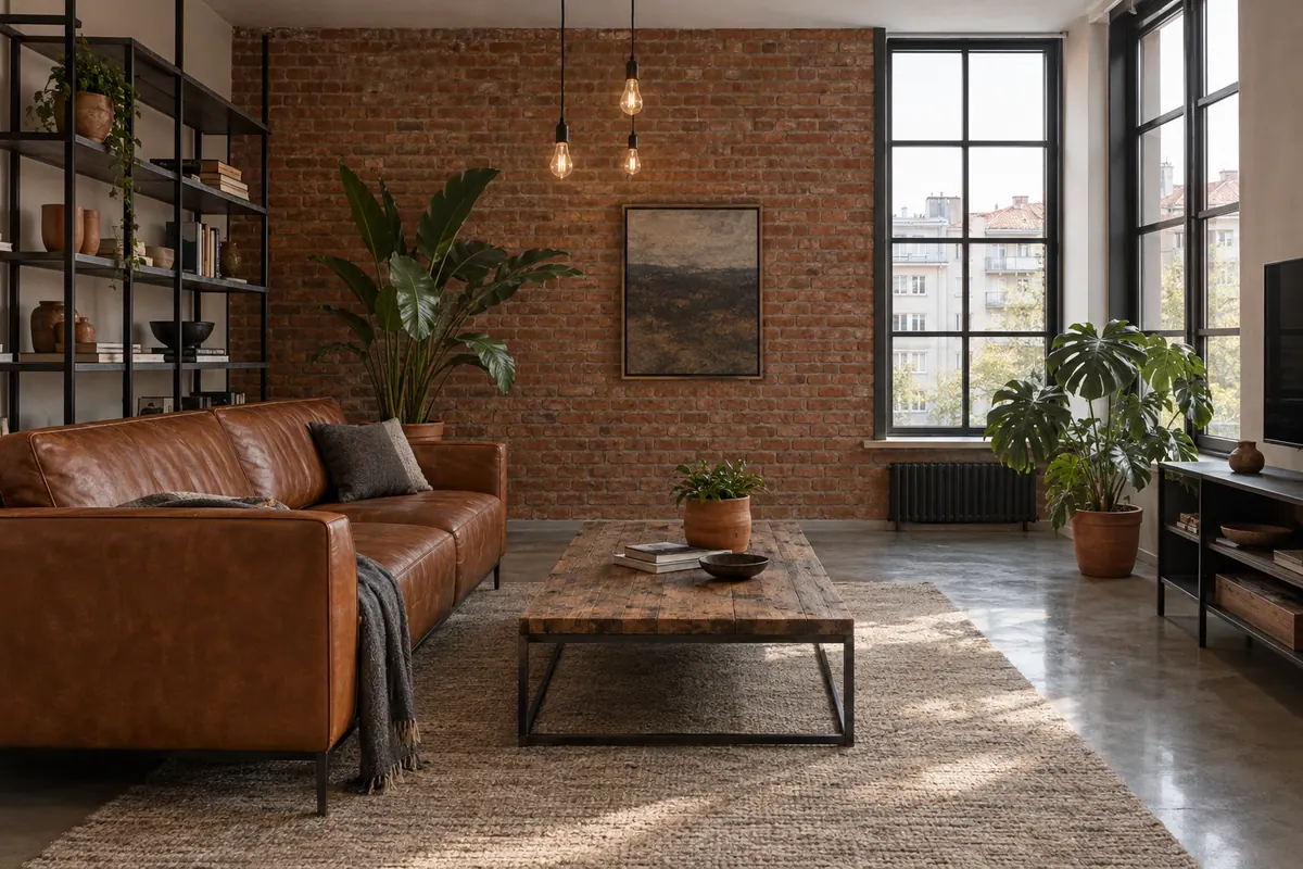 Endüstriyel tarzında döşenmiş, gün ışığı alan bir salon. Tuğla, beton ve siyah metal öne çıkıyor.
