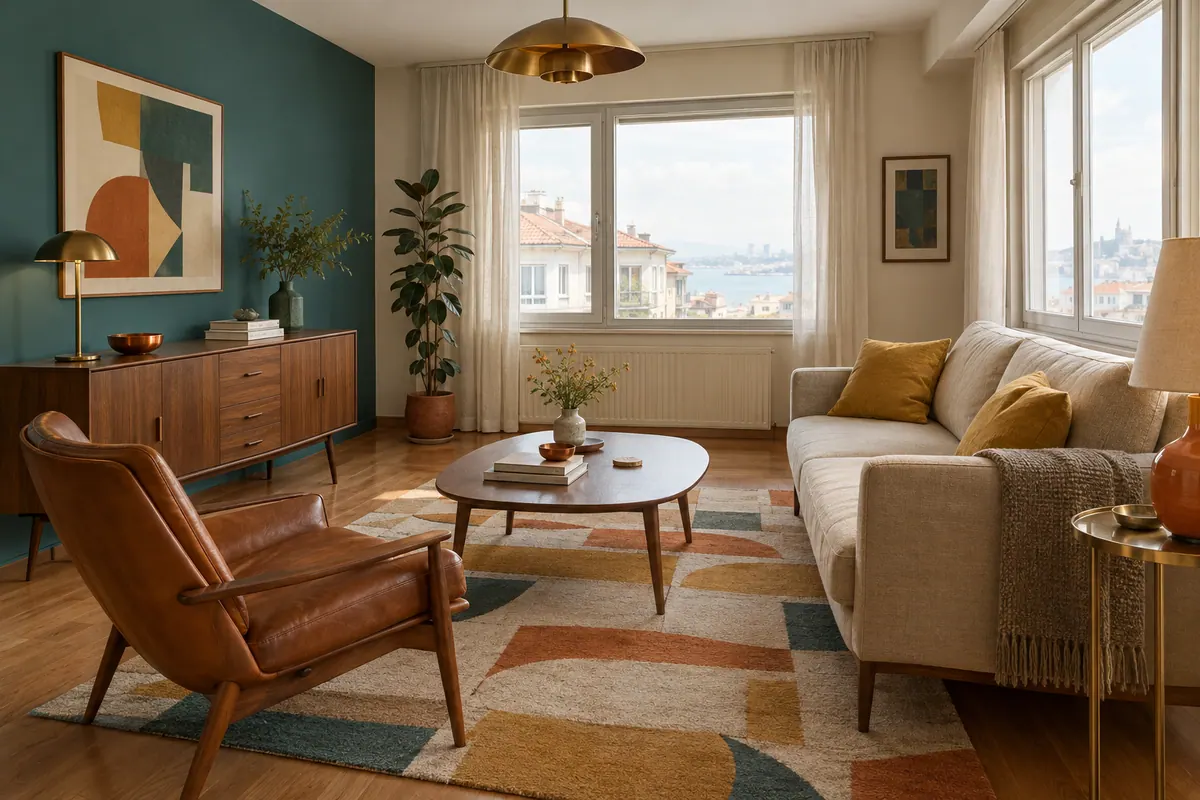 Mid-century tarzında döşenmiş, gün ışığı alan bir salon. Ceviz, yün ve bakır öne çıkıyor.