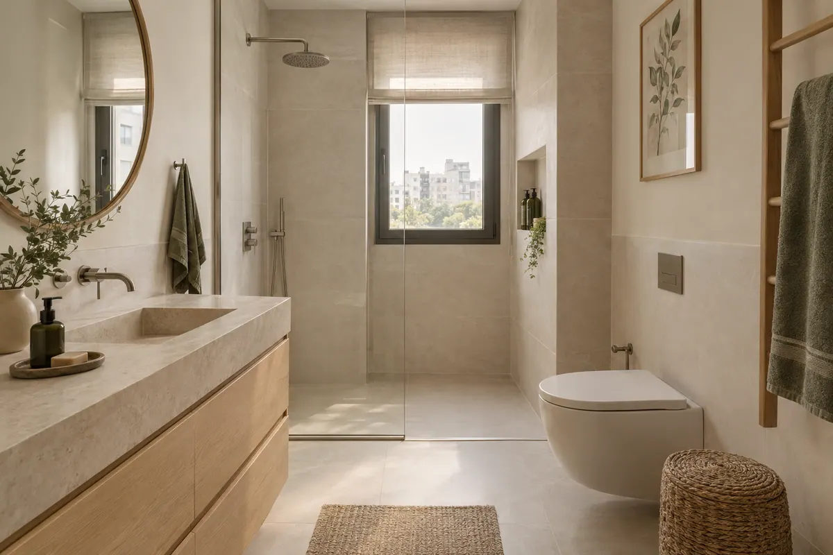 Gün ışığı alan, sade döşenmiş bir banyo.