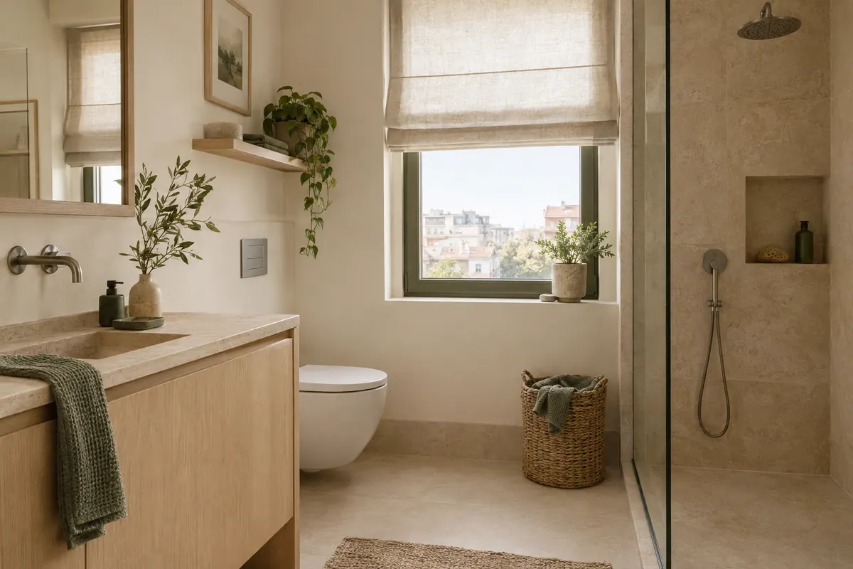 Sade döşenmiş bir banyo köşesi.